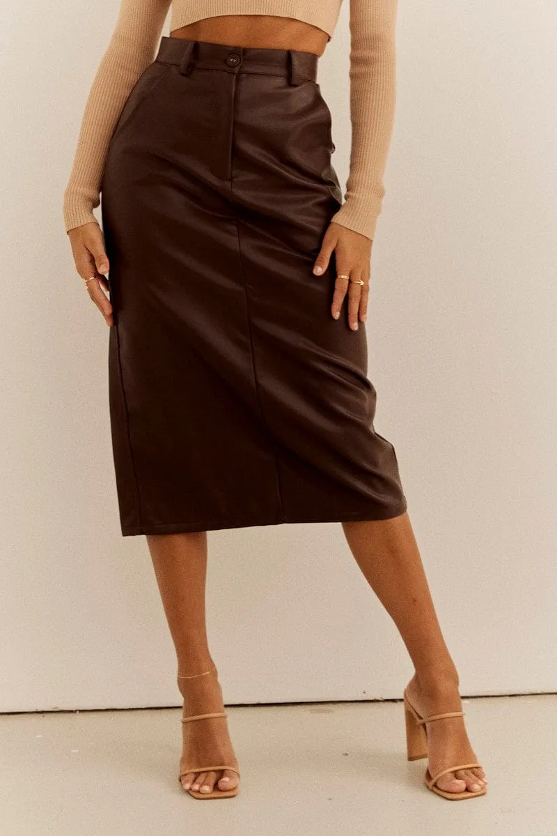 Brown PU Midi Skirt High Rise Pencil Faux Leather