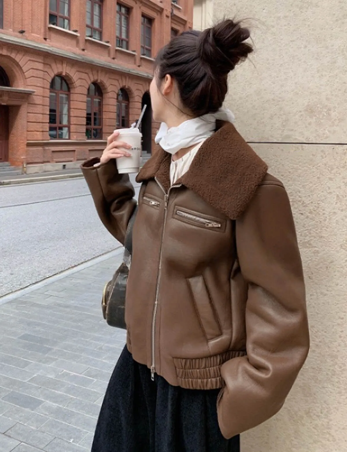 Brown Shearling Collar Jacket