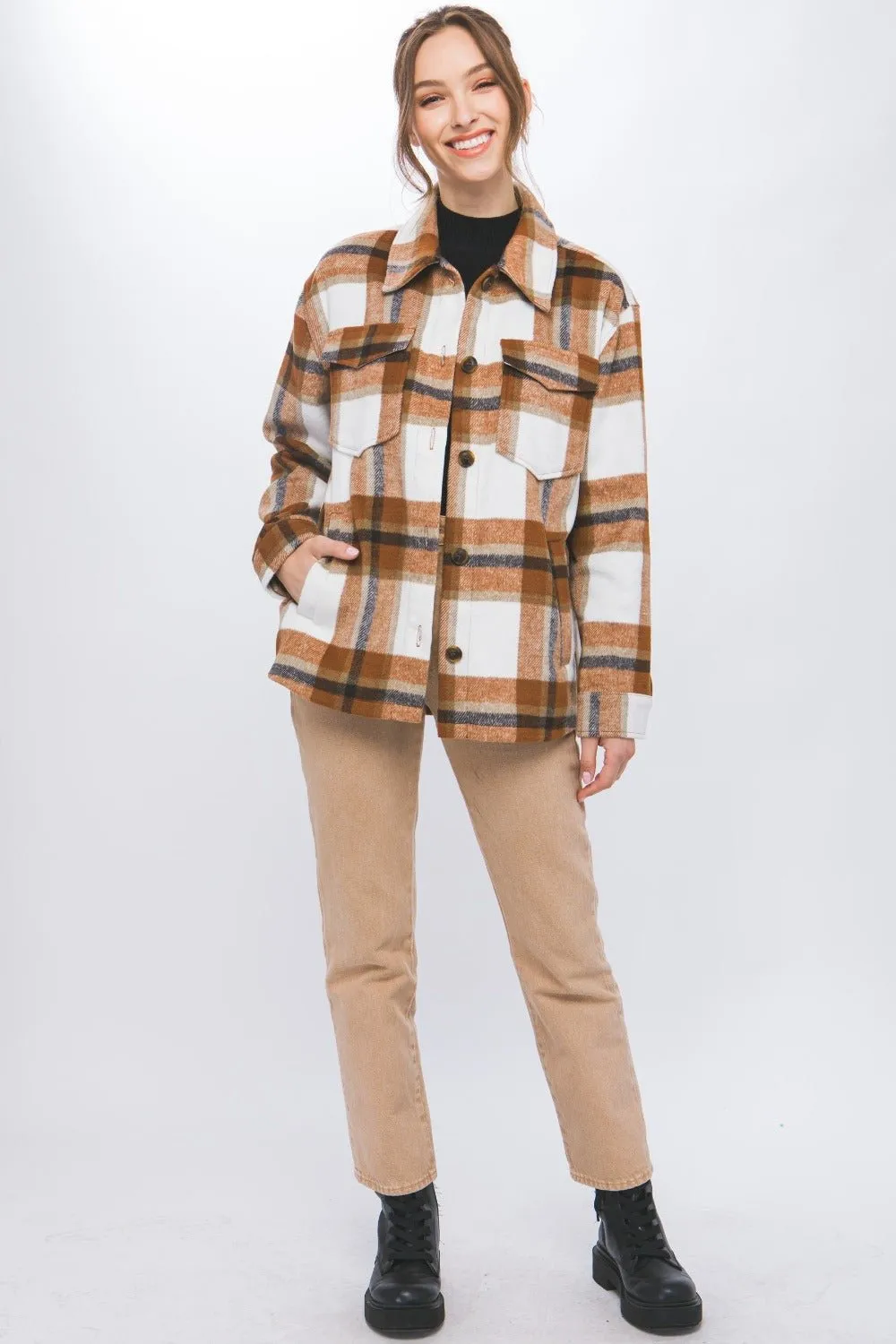 Button Up Plaid Shacket in Clay