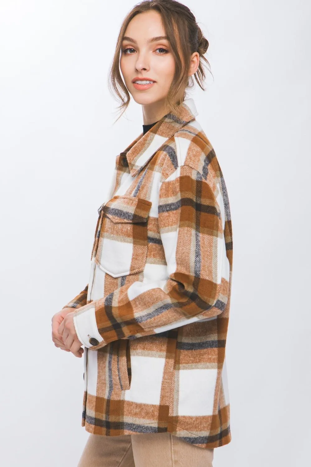 Button Up Plaid Shacket in Clay