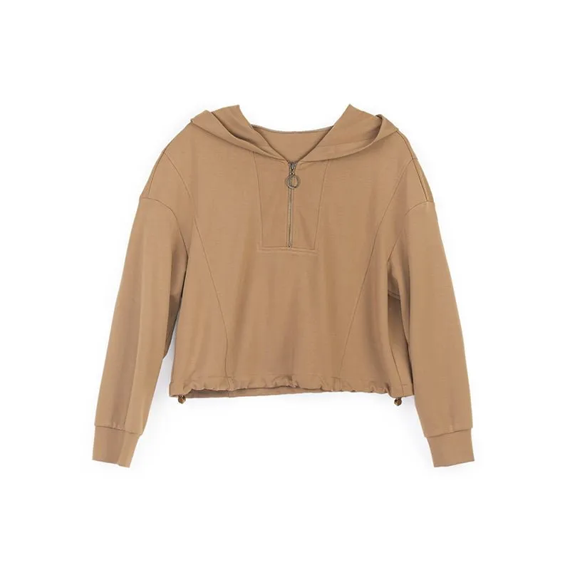 Camel Drawstring Crop Hoodie Sweatshirt