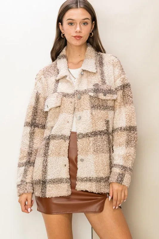 Camel Style Update Teddy Fur Plaid Shacket