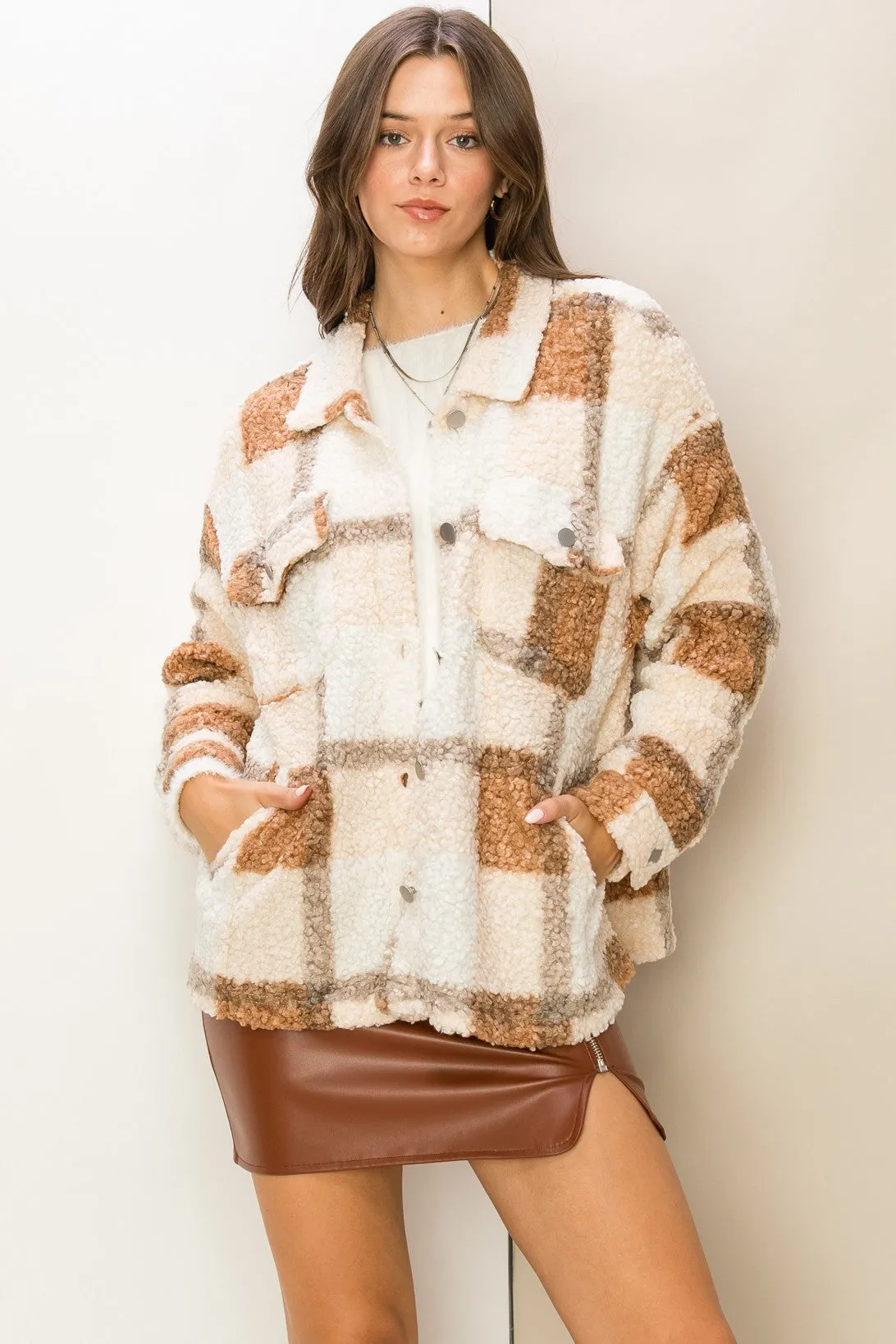 Camel Style Update Teddy Fur Plaid Shacket