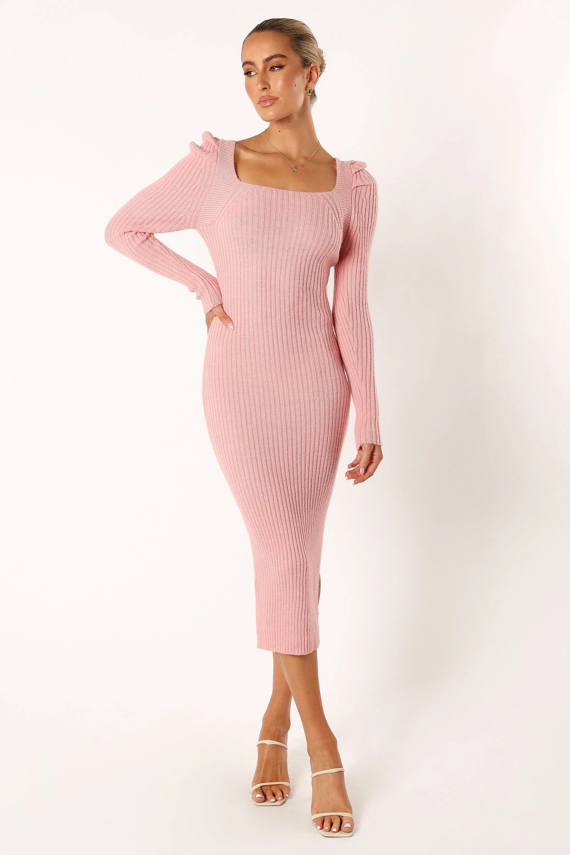 Camryn Puff Sleeve Knit Sweater Midi Dress - Blush