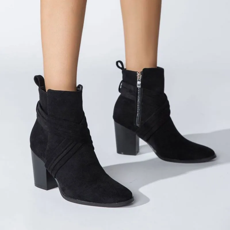 Chic Crisscross Strap Pointed Toe Block Heel Suede Ankle Boots - Black