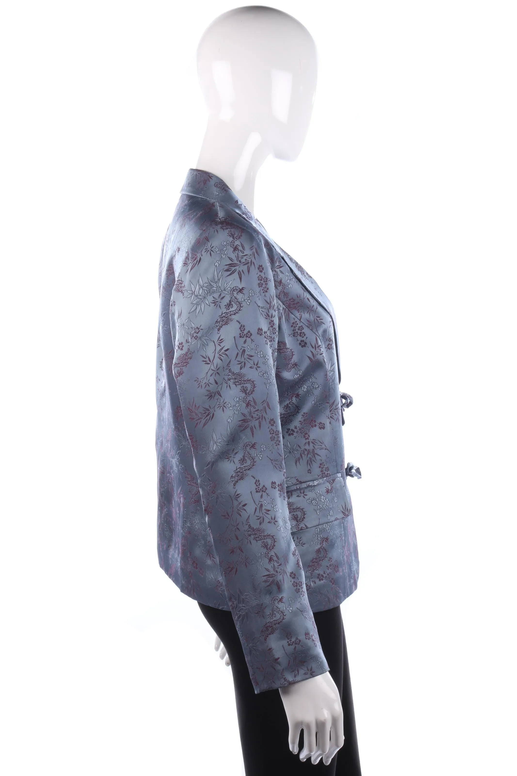 Chinese Style Satin Look Evening Jacket Dragn and Bamboo Pattern Grey Size 14