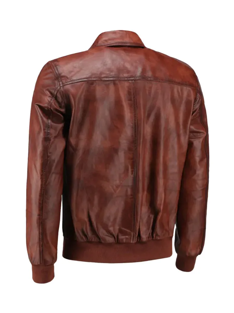 Cognac Brown Shirt Style Bomber Leather Jacket