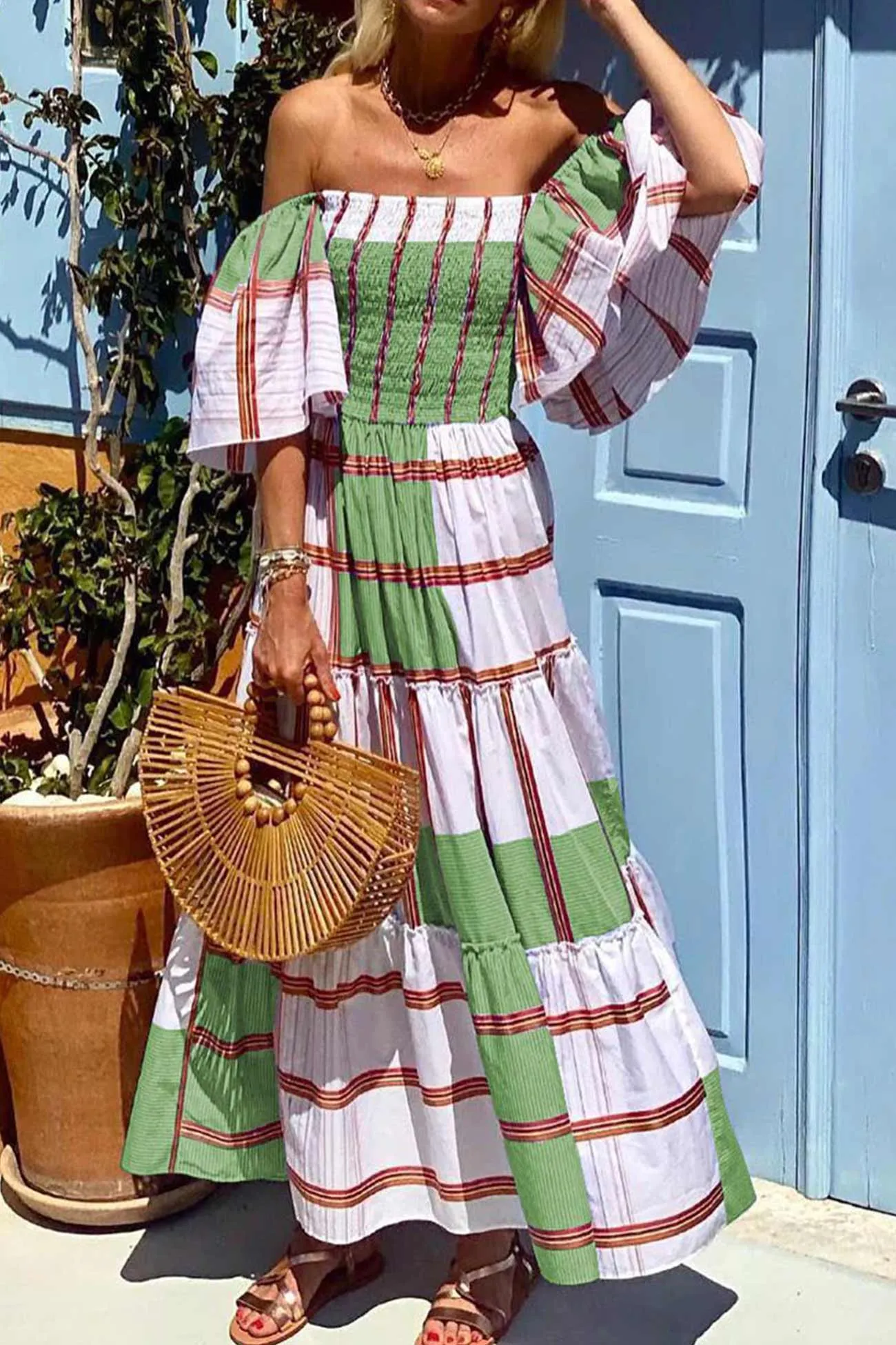 Contrast Striped Print Ruffle Sleeve Tiered Dress