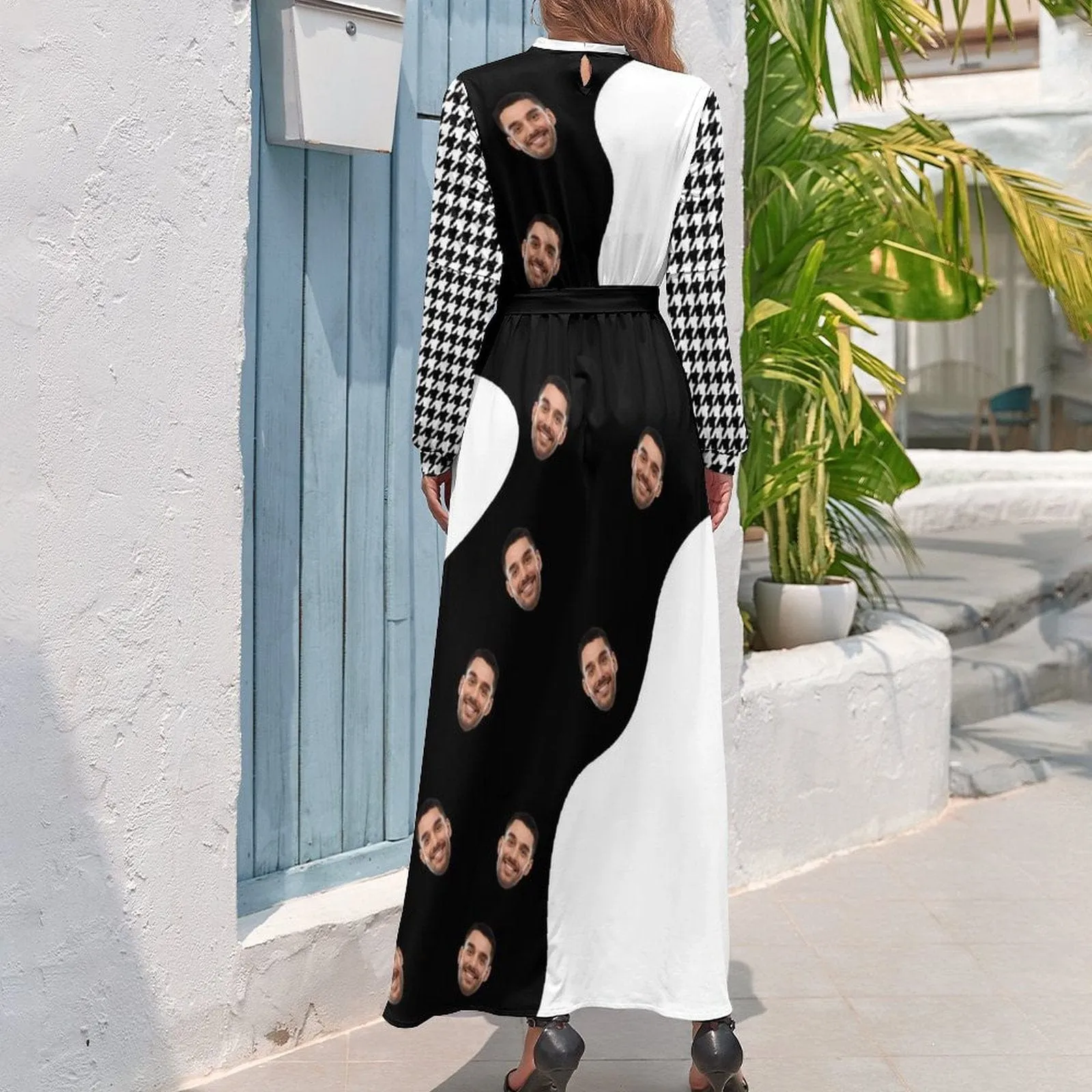 Custom Face Black White Women's Long Sleeve Maxi Dress