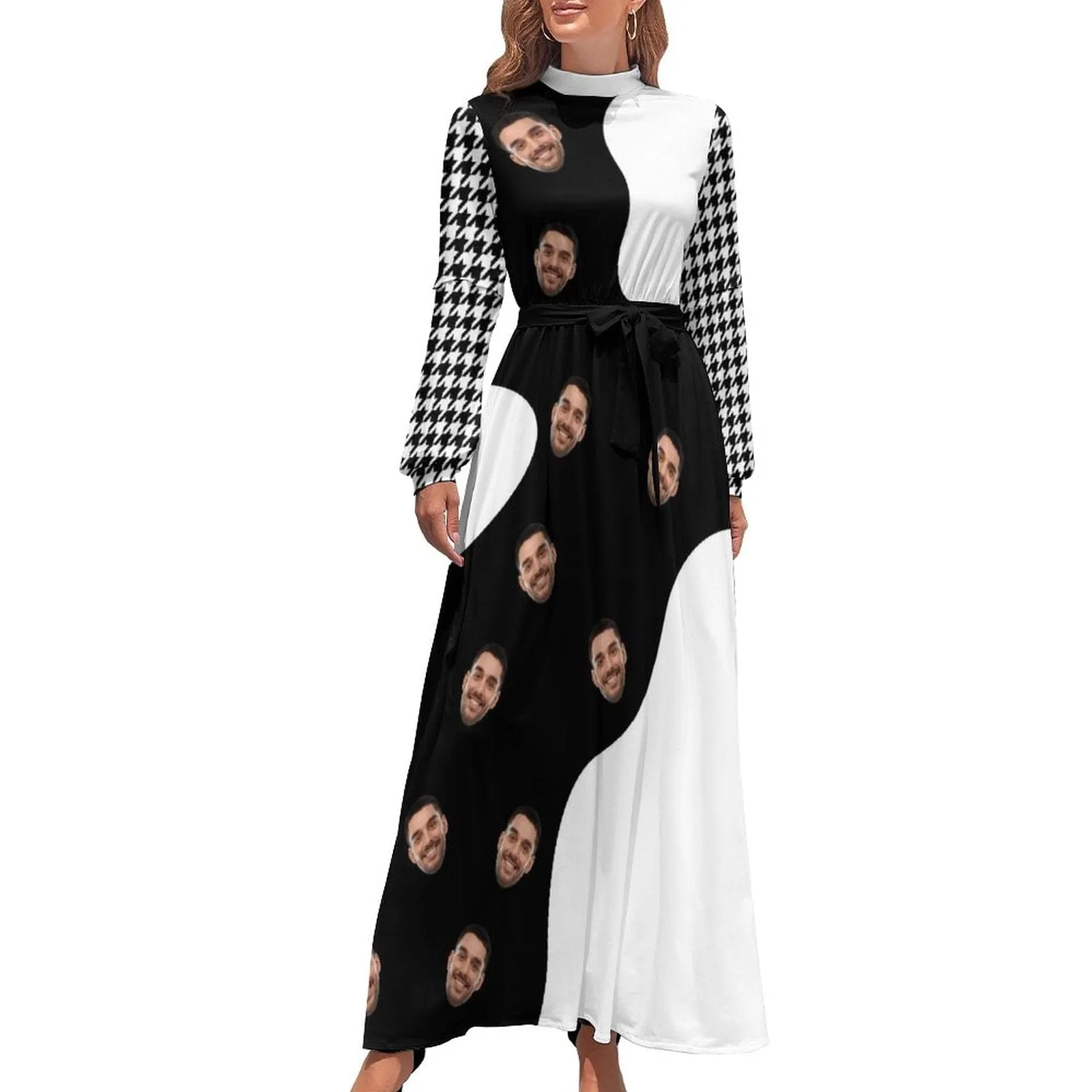 Custom Face Black White Women's Long Sleeve Maxi Dress