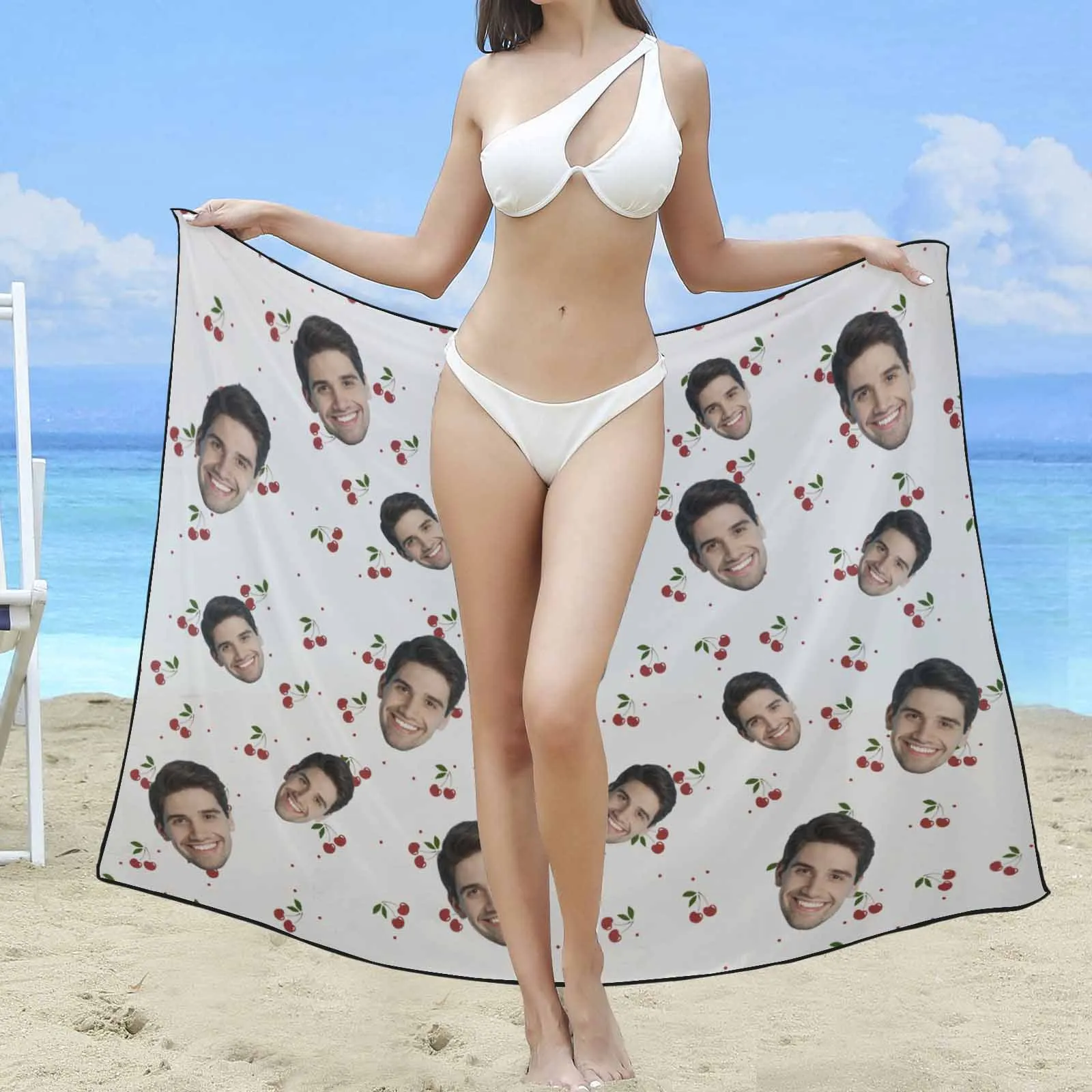 Custom Face Cherry White Long Sarongs Beach Wrap Personalized Bikini Cover Up