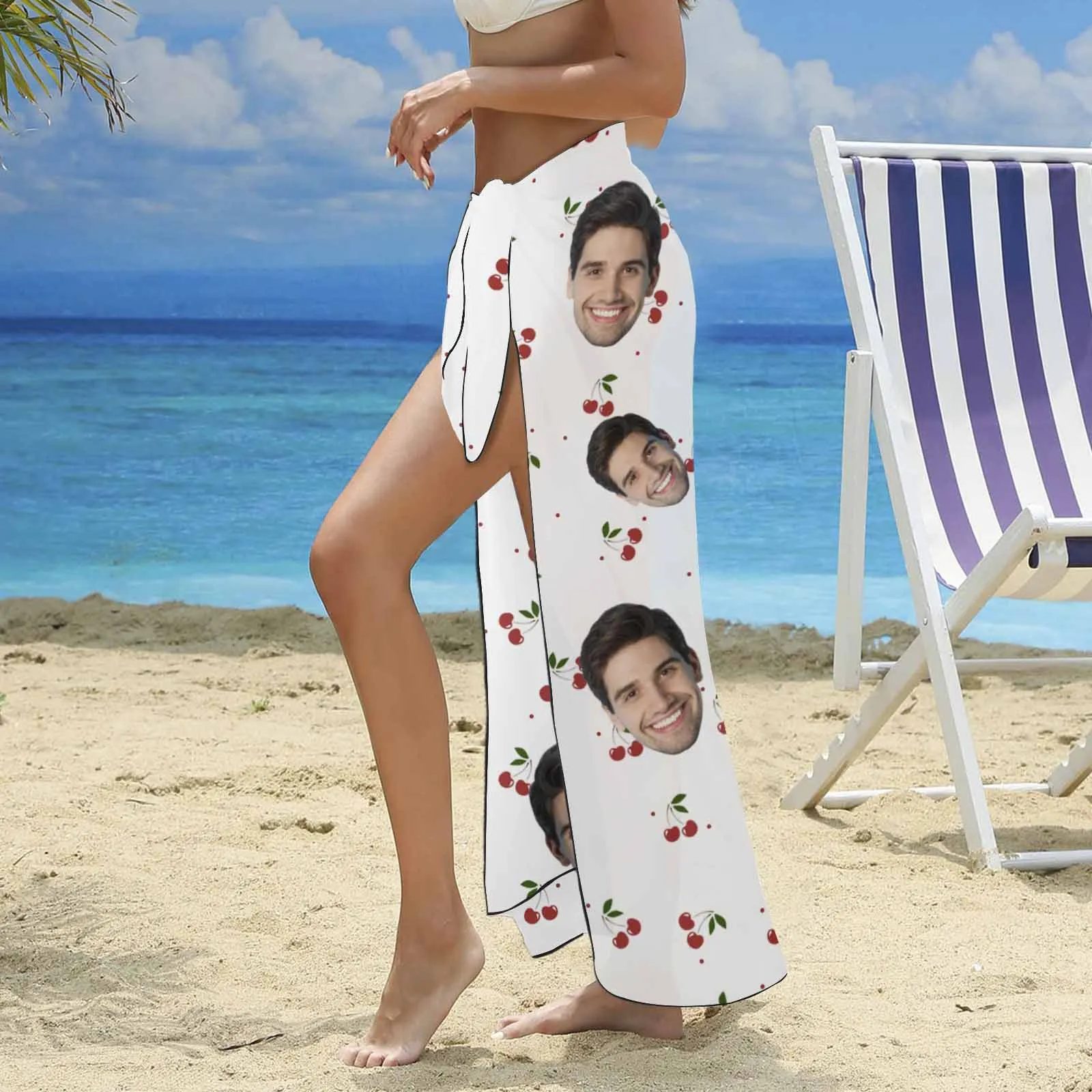 Custom Face Cherry White Long Sarongs Beach Wrap Personalized Bikini Cover Up