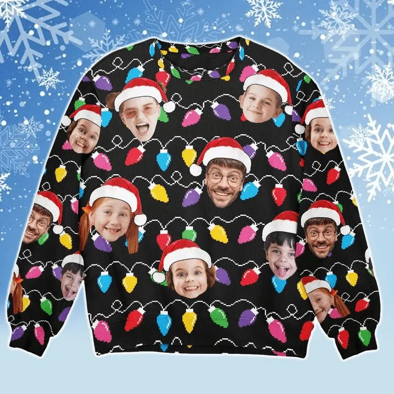 Custom Face Christmas Family Xmas Leds Loose Sweatshirt Family Matching Sweatshirt Ugly Christmas Sweatshirt