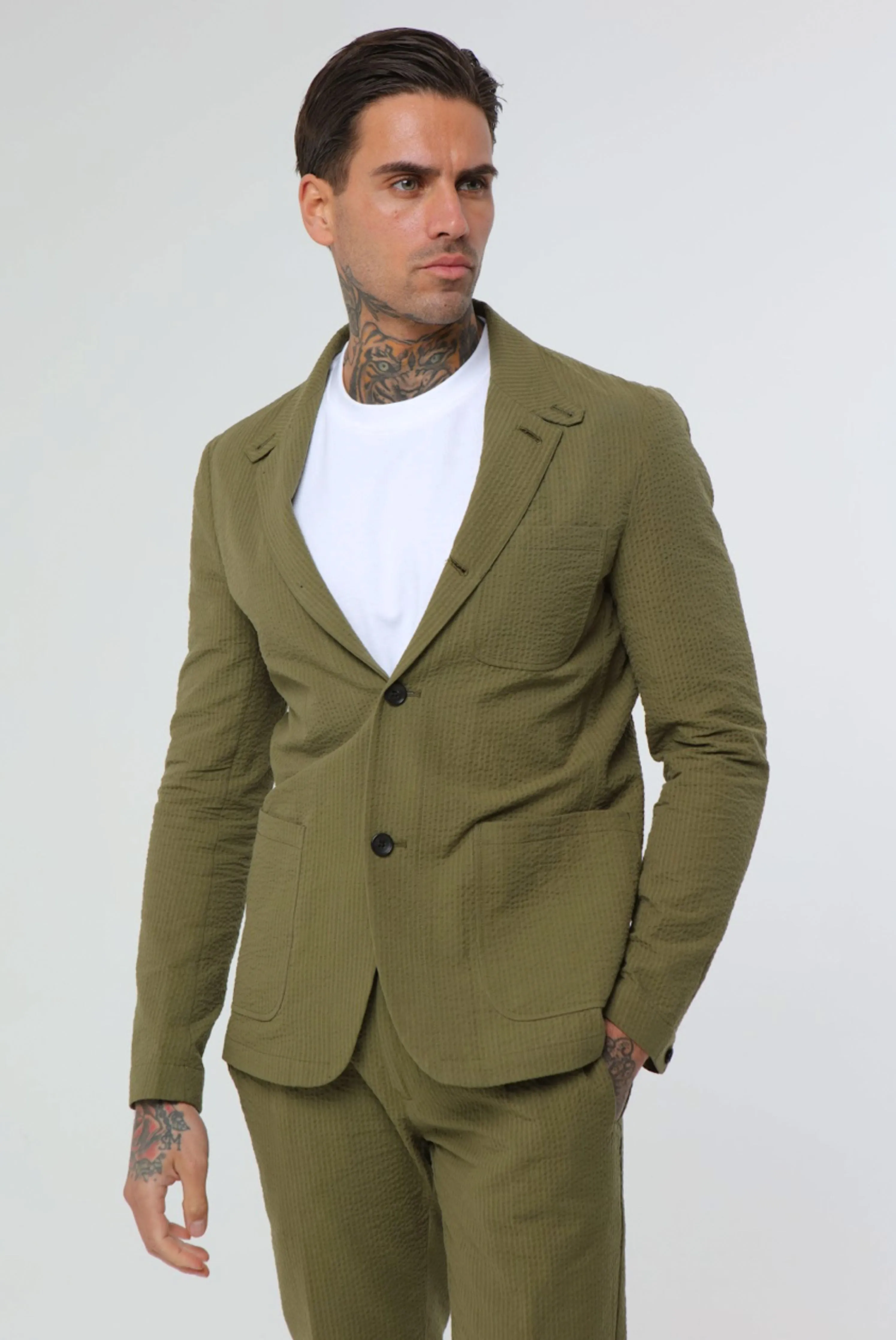 DEAKIN Cotton Linen Seersucker Blazer in Green