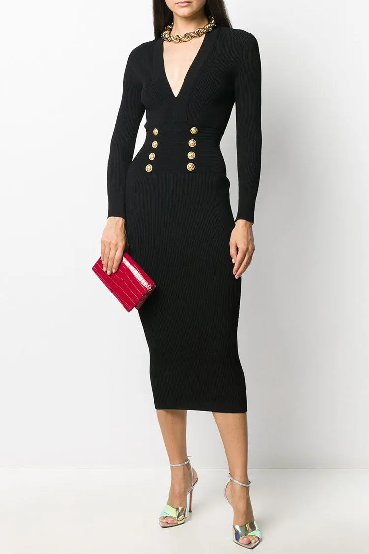 Deep V Button Trim Long Sleeve Cashmere Sweater Midi Dress - Black