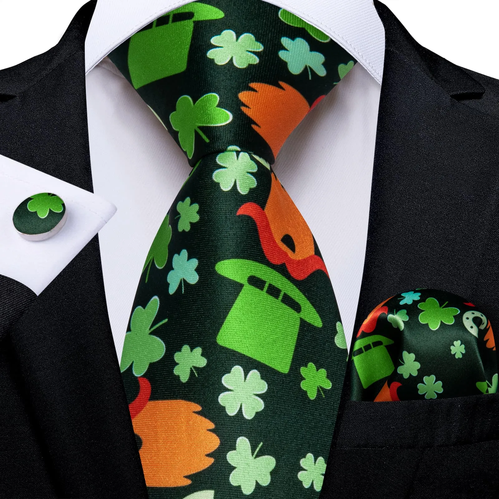 DiBanGu Black Green Clover Halloween Necktie Pocket Square Cufflinks Set