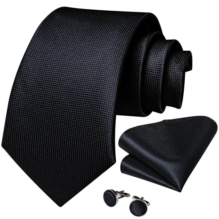 DiBanGu Black Tie Solid Necktie Hanky Cufflinks Set