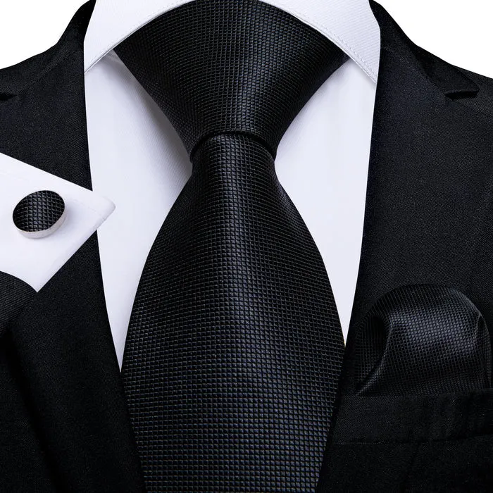 DiBanGu Black Tie Solid Necktie Hanky Cufflinks Set