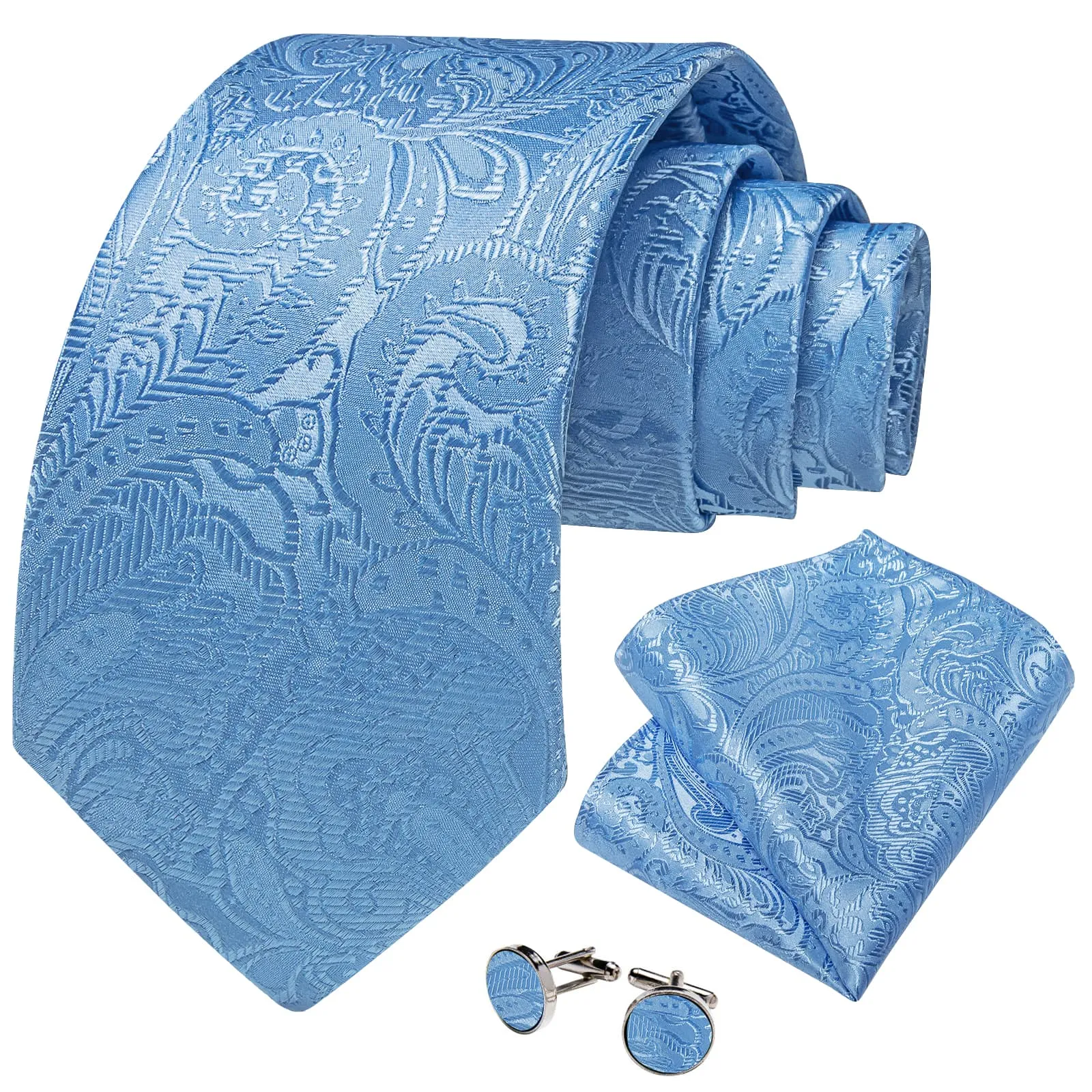 DiBanGu Celestial Blue Paisley Silk Mens Tie Pocket Square Cufflinks Set