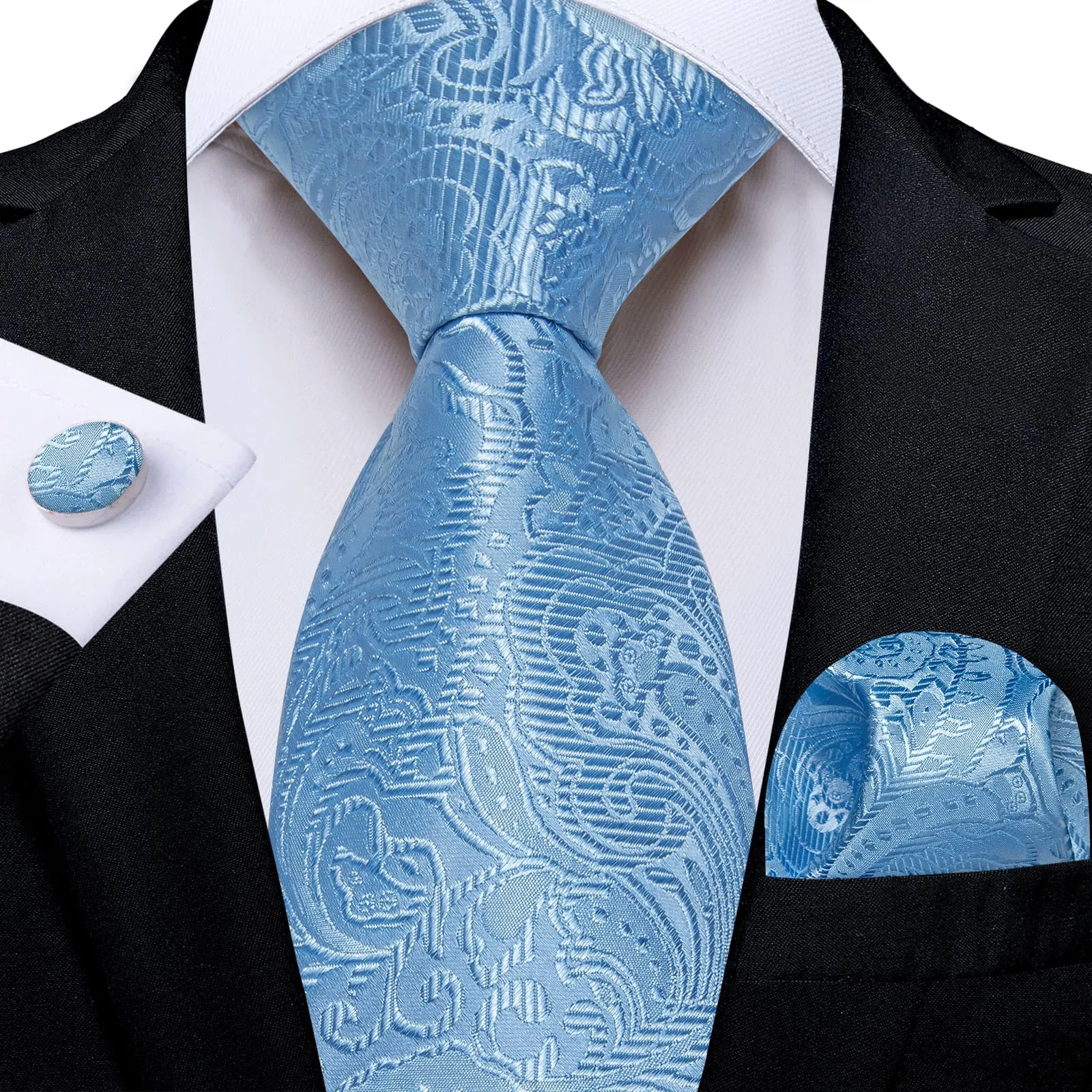 DiBanGu Celestial Blue Paisley Silk Mens Tie Pocket Square Cufflinks Set