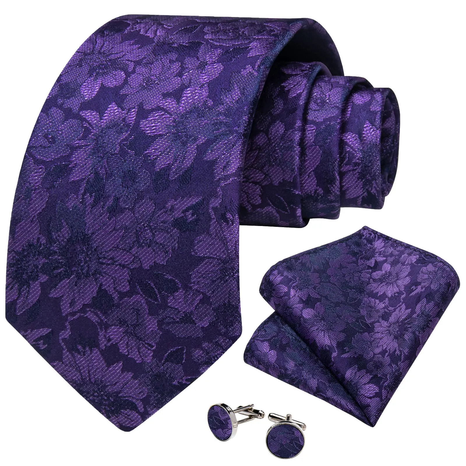 DiBanGu Deep Purple Floral Silk Mens Tie Hanky Cufflinks Set