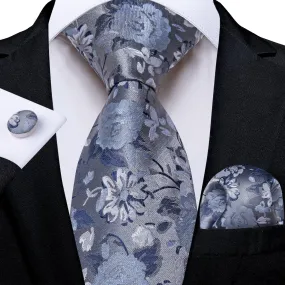 DiBanGu Dim Grey Floral Silk Mens Tie Hanky Cufflinks Set