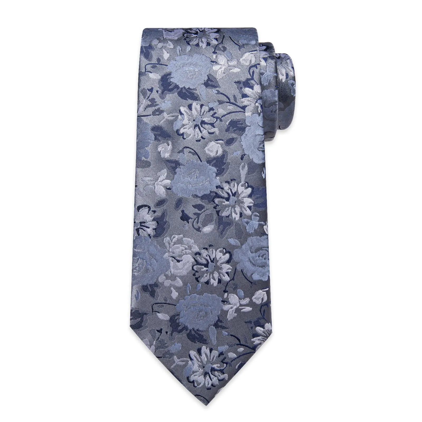 DiBanGu Dim Grey Floral Silk Mens Tie Hanky Cufflinks Set