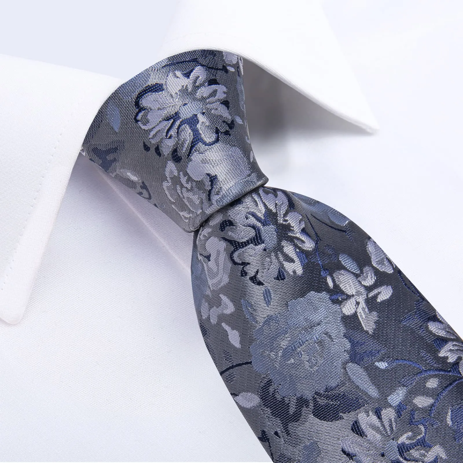 DiBanGu Dim Grey Floral Silk Mens Tie Hanky Cufflinks Set