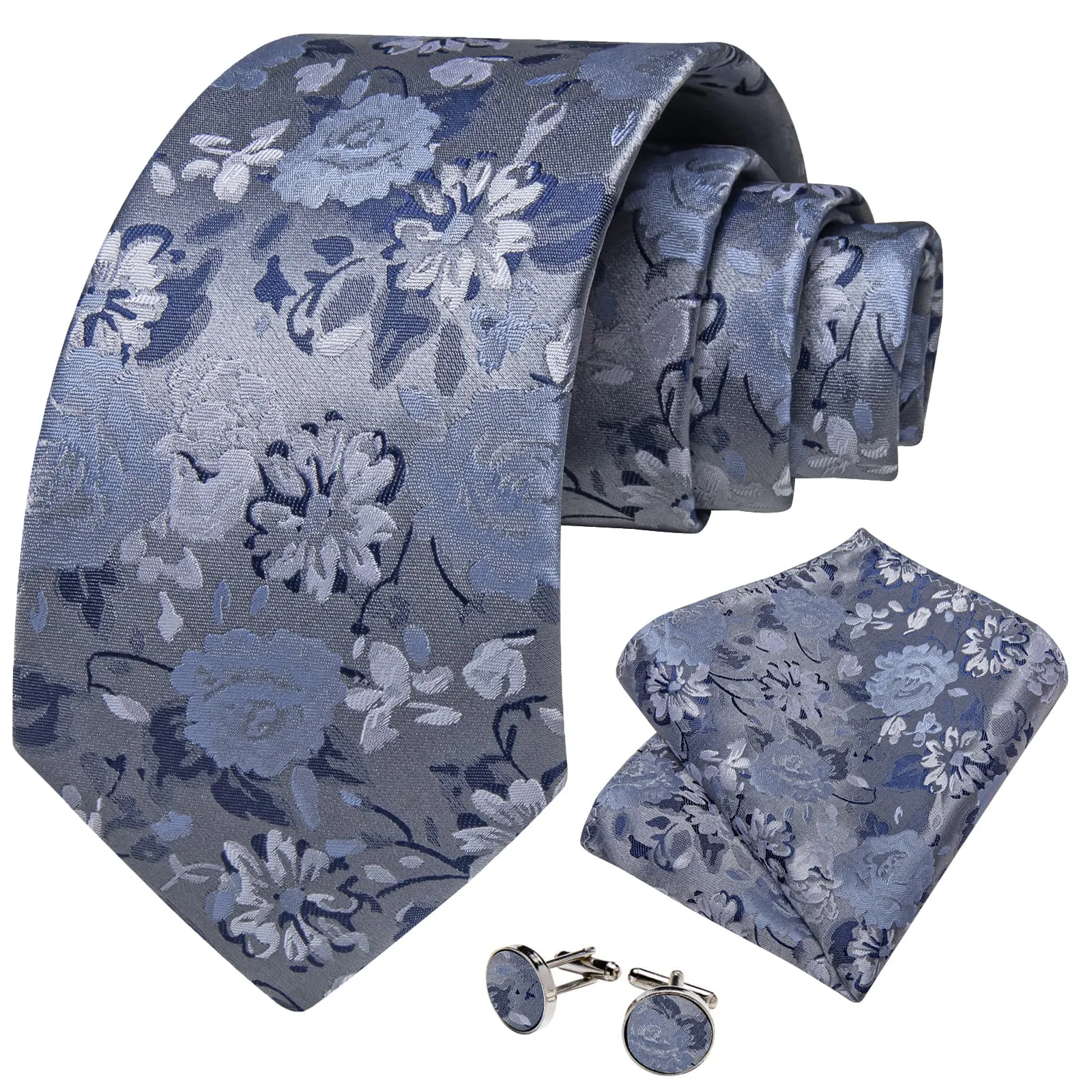 DiBanGu Dim Grey Floral Silk Mens Tie Hanky Cufflinks Set