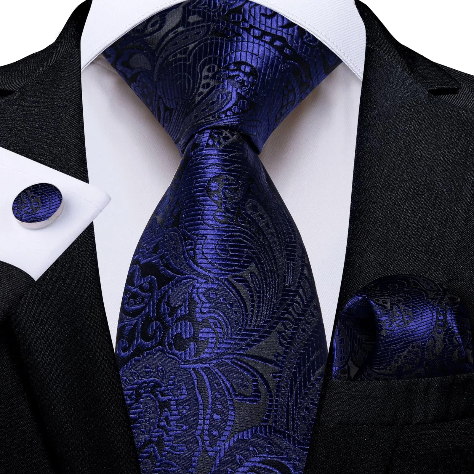 DiBanGu Dress Tie Berry Blue Floral Mens Silk Business Tie Handkerchief Cufflinks Set