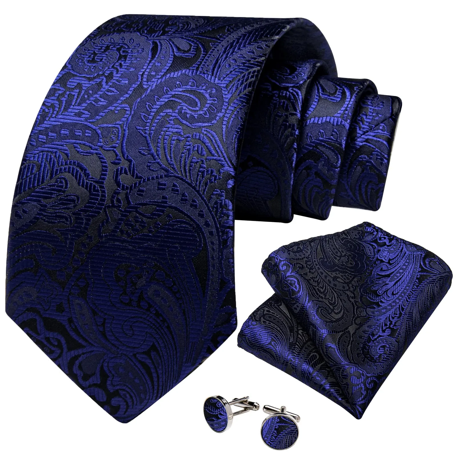 DiBanGu Dress Tie Berry Blue Floral Mens Silk Business Tie Handkerchief Cufflinks Set