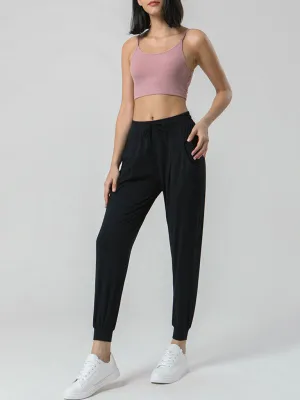 Drawstring waist sports stretch trousers Nude sweatpants