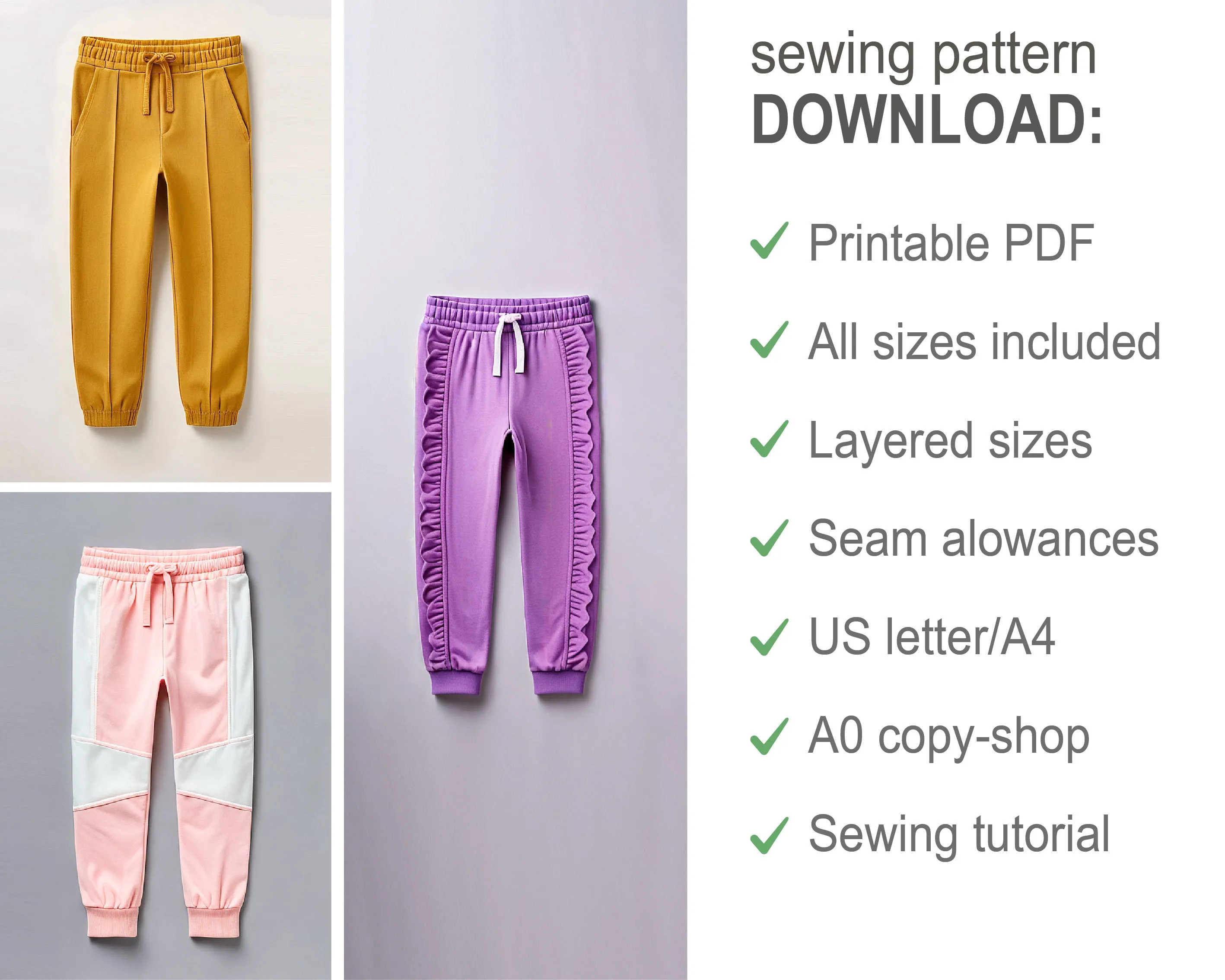 Easy Sewing Bundle PDF - Pretty Girl Pants Patterns - Kids Sewing Tutorial - Three PDF Sewing Patterns in One Bundle - Age 1-10 Years