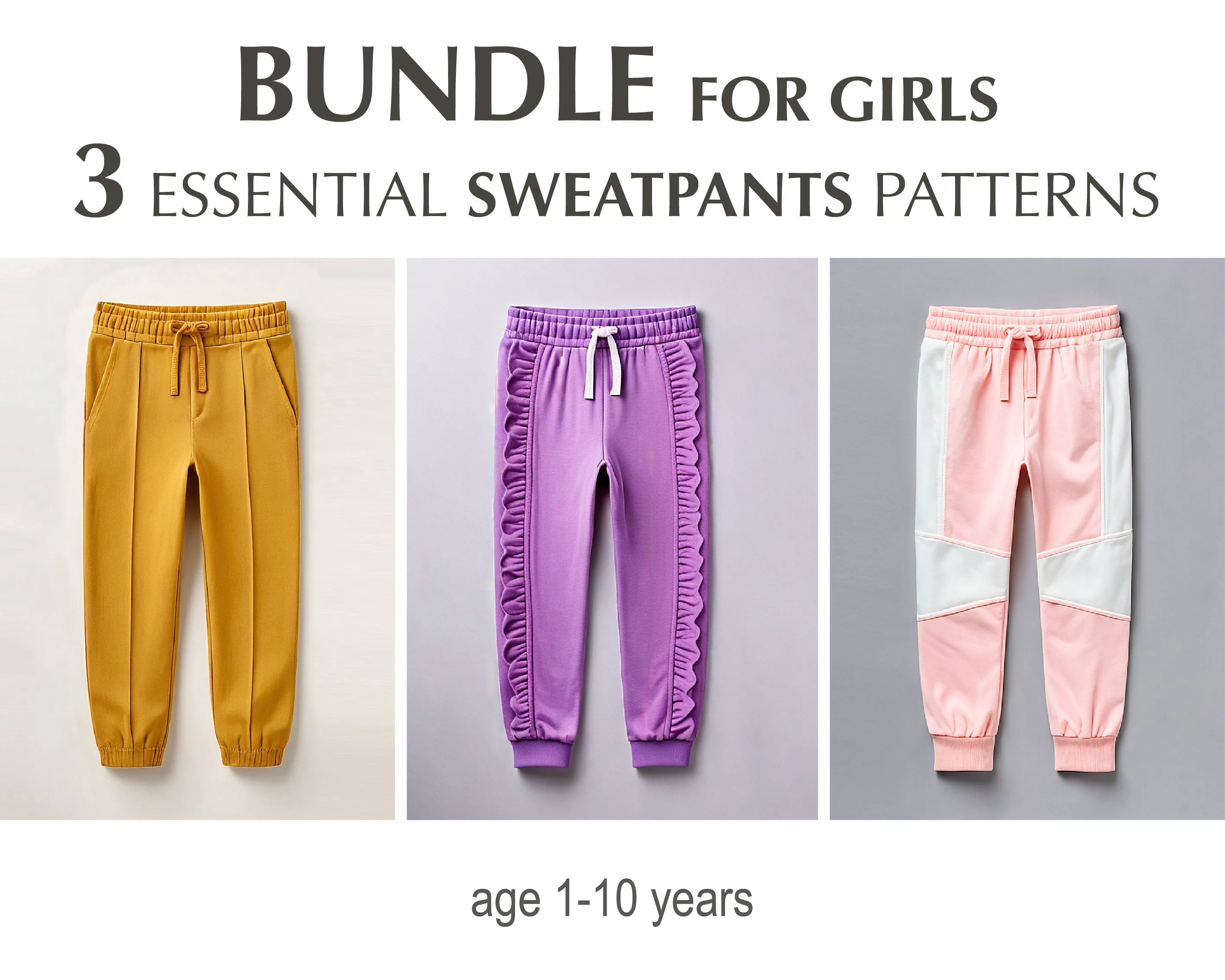 Easy Sewing Bundle PDF - Pretty Girl Pants Patterns - Kids Sewing Tutorial - Three PDF Sewing Patterns in One Bundle - Age 1-10 Years