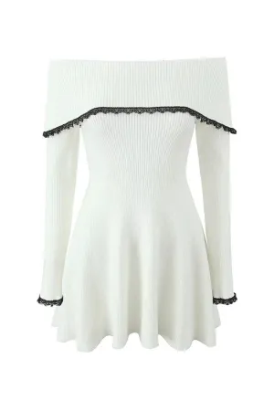 Elegant Contrast Lace Foldover Off Shoulder Ribbed Knit Sweater Mini Dress