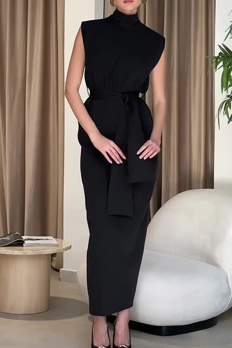 Elegant Solid Slit With Belt Half A Turtleneck One Step Skirt Dresses