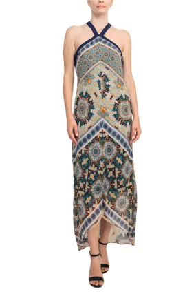 Emma & Michelle Crossed Neck Sleeveless Multi Print High Low Hem Chiffon Maxi Dress