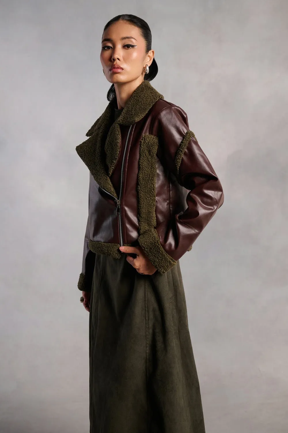 Evelyn Burgandy Leather Olive Green Fur Jacket