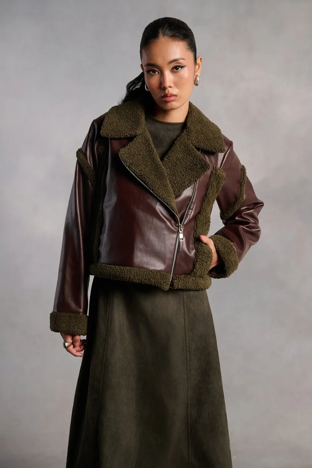 Evelyn Burgandy Leather Olive Green Fur Jacket