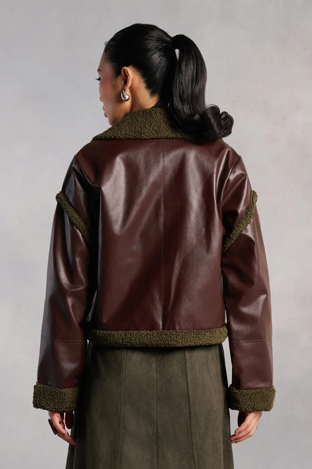 Evelyn Burgandy Leather Olive Green Fur Jacket