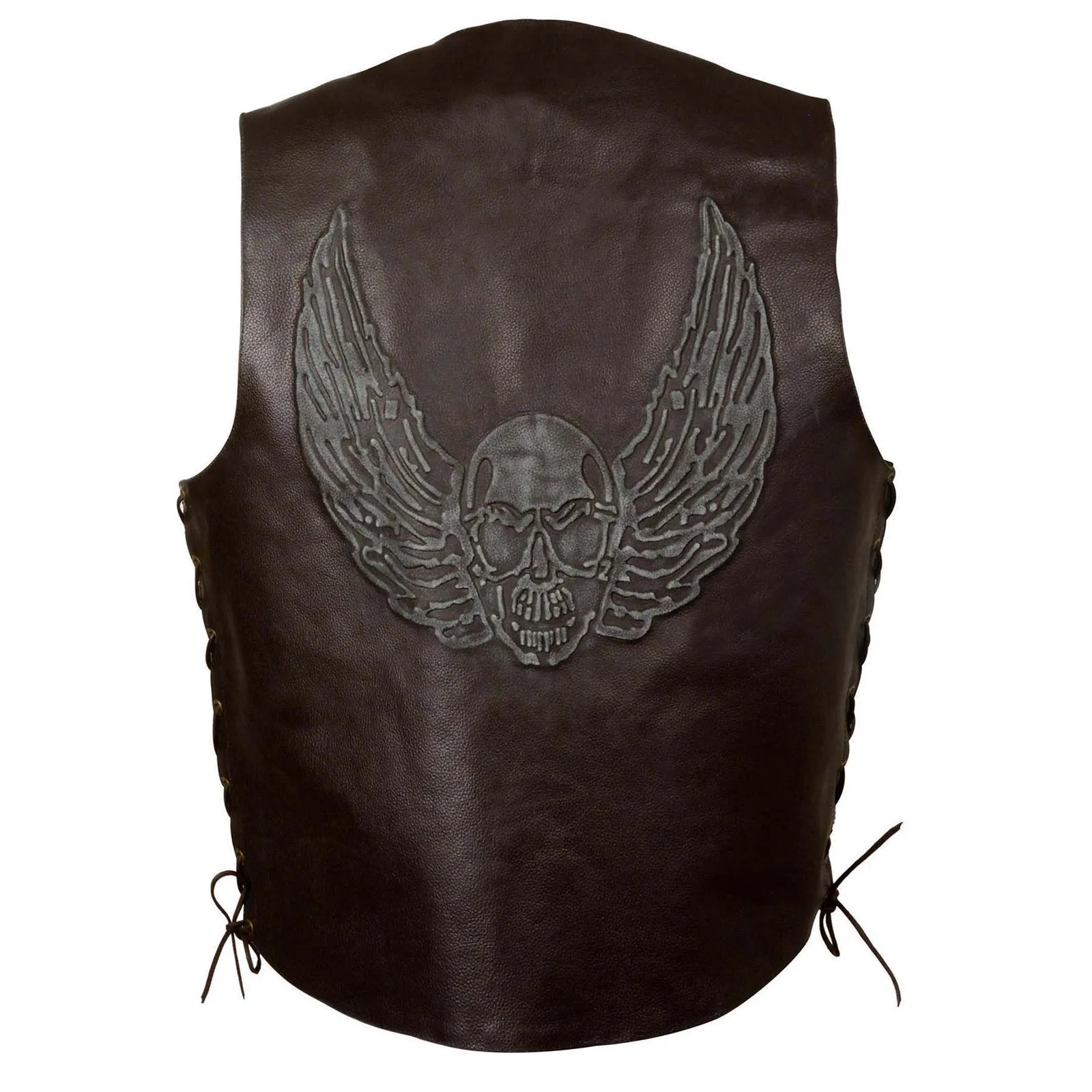 Event Leather ELM3905 'Mayhem' Men's Brown Leather Side Lace Vest with Winged Skull Emboss