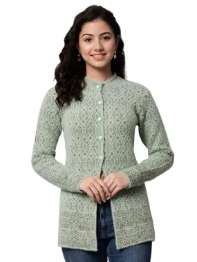 eWools Women's Knitted Hair Round Neck Full Sleeve Winter wear Cardigan (M, Green)