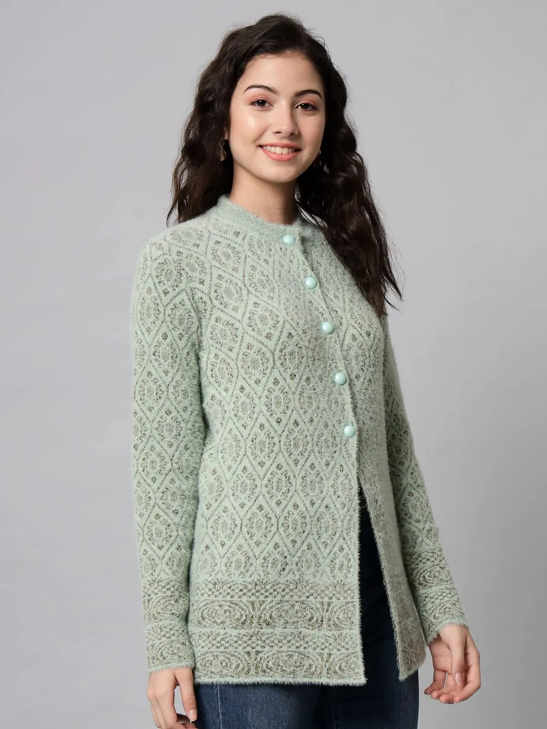 eWools Women's Knitted Hair Round Neck Full Sleeve Winter wear Cardigan (M, Green)