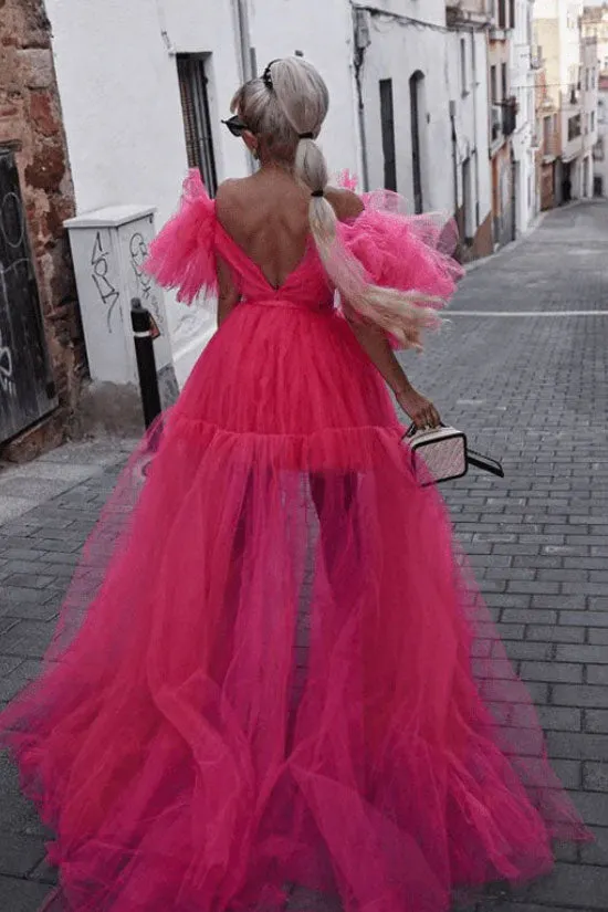 Exaggerated Ruffle Deep V Cutout High Low Tiered Tulle Dress - Hot Pink