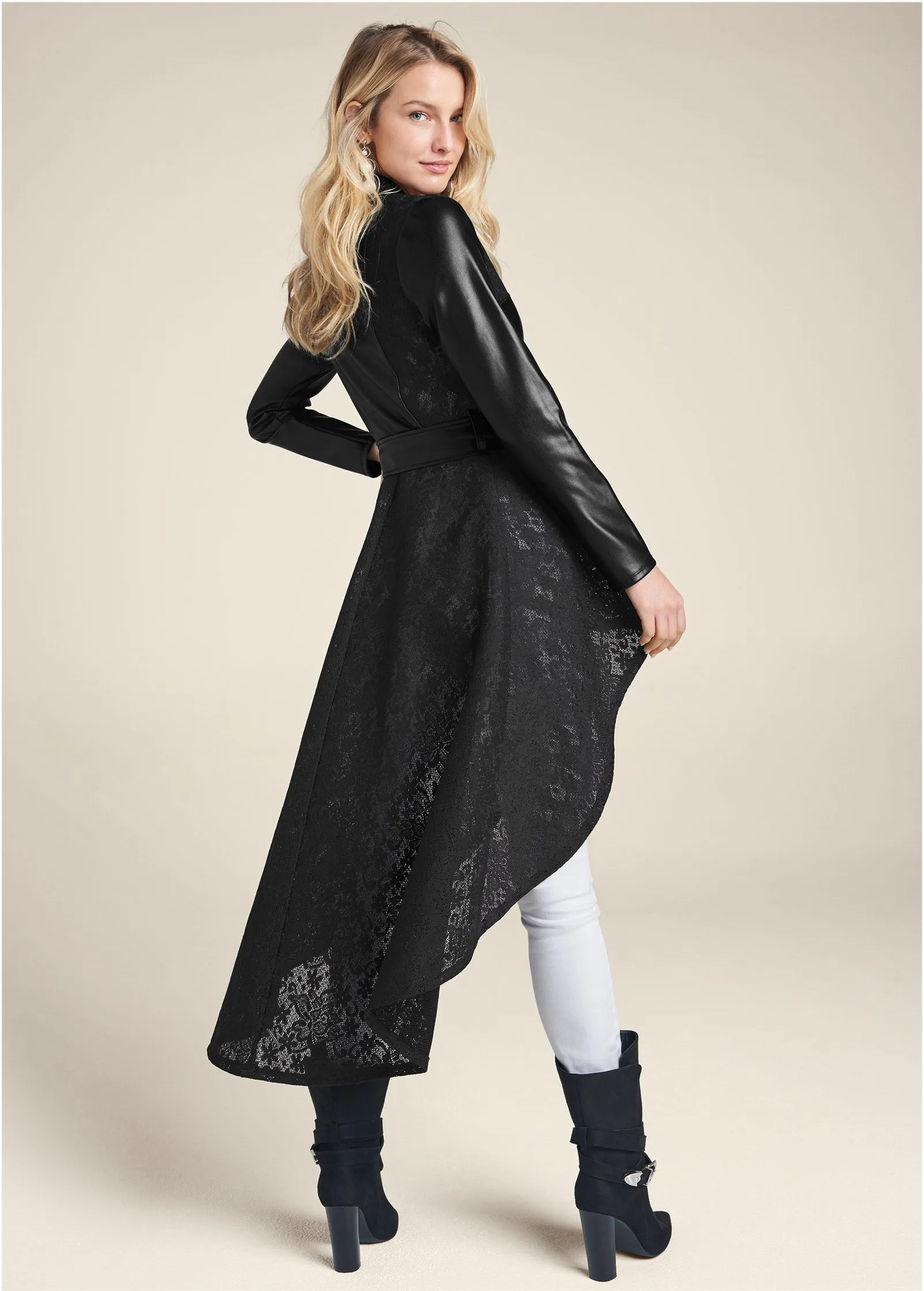 Faux Leather And Lace Detail Trench Coat - Black