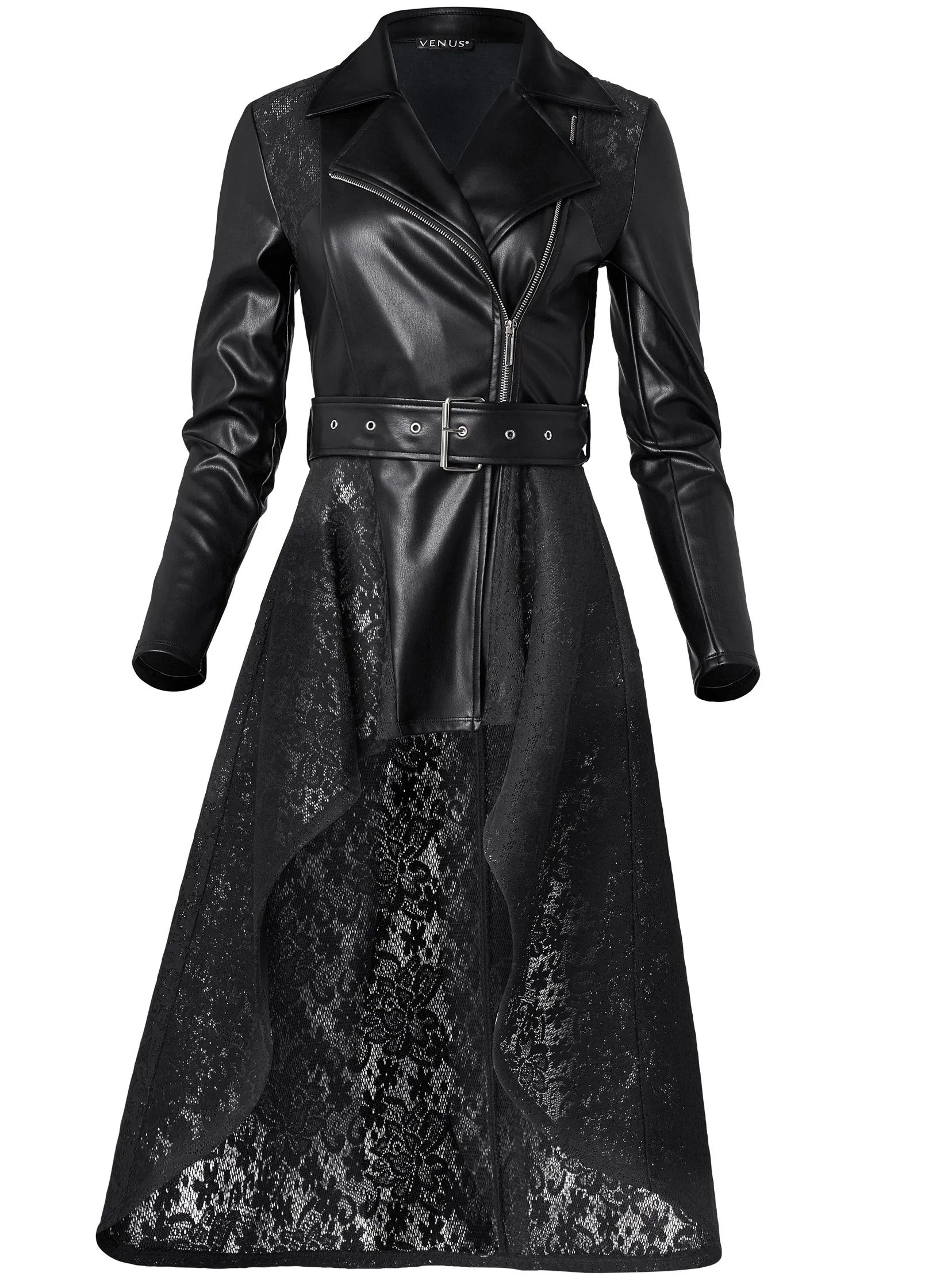 Faux Leather And Lace Detail Trench Coat - Black