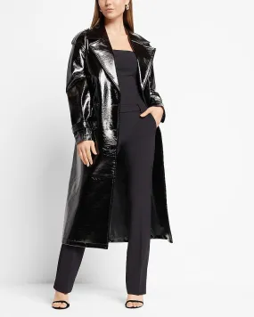 Faux Patent Leather Belted Trench Coat in Pitch Black