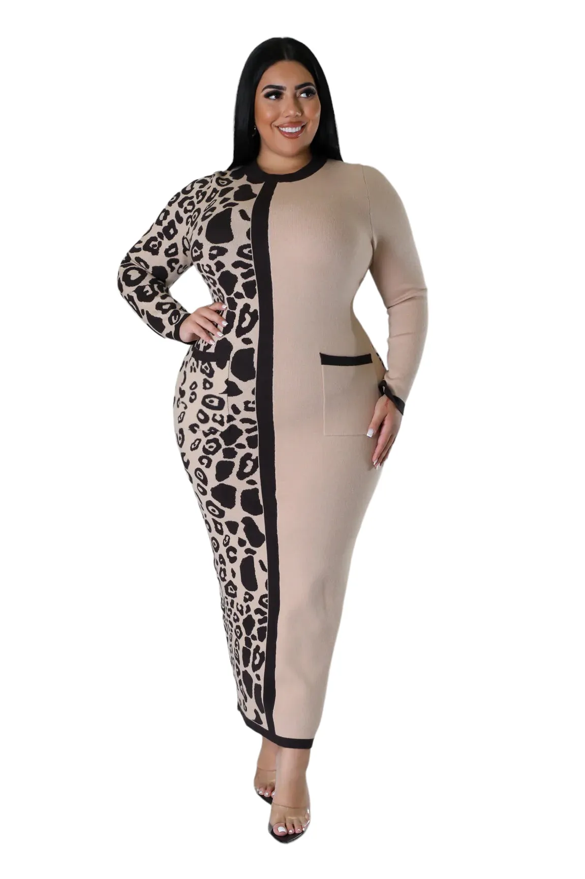 Final Sale Plus Size ColorBlock Midi Sweater Dress in Tan and Brown