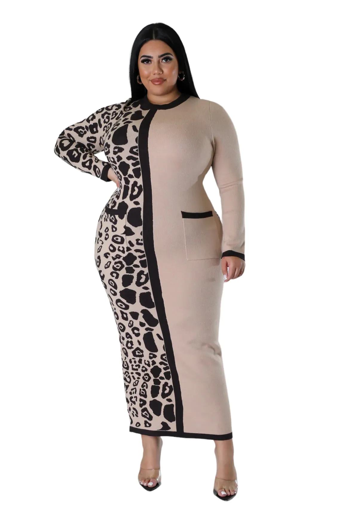 Final Sale Plus Size ColorBlock Midi Sweater Dress in Tan and Brown