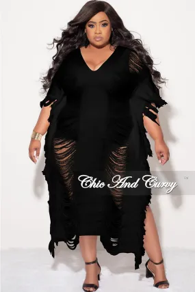 Final Sale Plus Size Distressed Sweater Midi Fringe Dress in Black